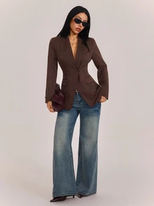 SHEIN PETITE Stylish Brown Blazer For Petite Women-Suitable For Commuting And Business Settings. - Brown - View 5