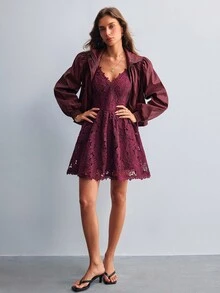 Willow Rêve Women's Embroidered Fabric Brown Waist Hollow Long Sleeve Mini Dress - Brown - View 5