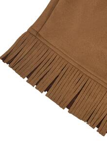 LUMIGAL Women's Round Neck Tassel Lantern Sleeve Long Sleeve Suede Velvet Short Dress - Brown - View 5