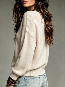 LUMIGAL Women's Floral Embroidered V-Neck Drop Shoulder Long Sleeve Loose Sweater - Apricot - View 3
