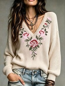 LUMIGAL Women's Floral Embroidered V-Neck Drop Shoulder Long Sleeve Loose Sweater - Apricot - View 2