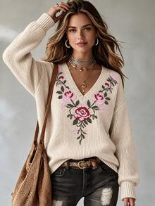 LUMIGAL Women's Floral Embroidered V-Neck Drop Shoulder Long Sleeve Loose Sweater - Apricot - View 4