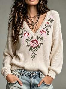 LUMIGAL Women's Floral Embroidered V-Neck Drop Shoulder Long Sleeve Loose Sweater - Apricot - View 6