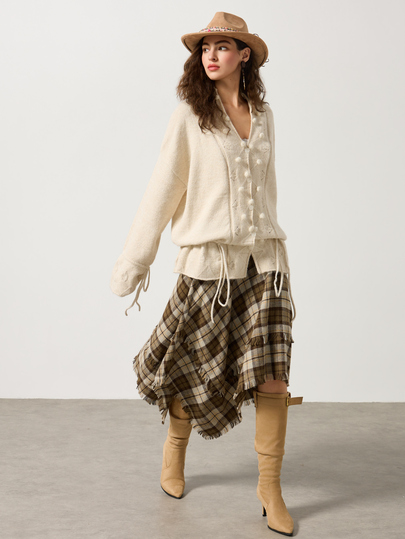 TaskSense Cardigan ample et doux de couleur crème, longueur mi-longue, avec manches évasées et cordon de serrage