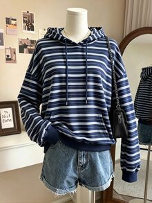 INAWLY 女款海軍藍與白色拼接運動衫，休閒學院風運動服，適合日常休閒、大學風格及秋季校園穿搭 - 彩色 - 查看 1