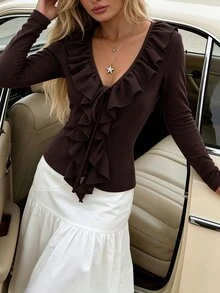 SHEIN French Style Ruffle V-Neck Knit Cover Up Women Textured Jacquard Fabric Tie Asymmetrical Hem Flared Long Sleeve Slim Fit Cover-Up Top - Coffee Brown - View 4