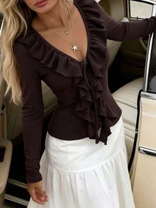 SHEIN French Style Ruffle V-Neck Knit Cover Up Women Textured Jacquard Fabric Tie Asymmetrical Hem Flared Long Sleeve Slim Fit Cover-Up Top - Coffee Brown - View 3