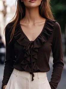 SHEIN French Style Ruffle V-Neck Knit Cover Up Women Textured Jacquard Fabric Tie Asymmetrical Hem Flared Long Sleeve Slim Fit Cover-Up Top - Coffee Brown - View 1