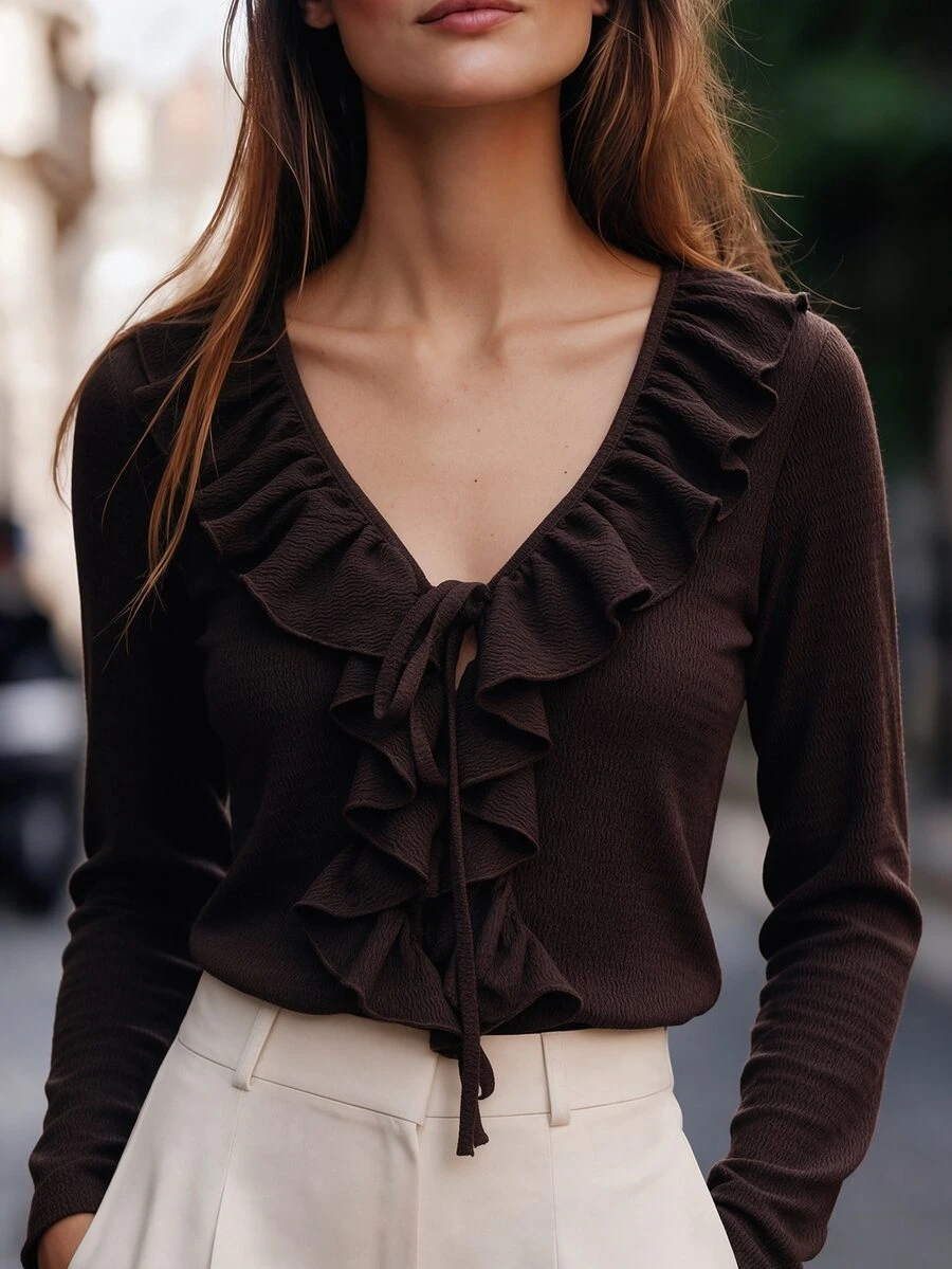 SHEIN French Style Ruffle V-Neck Knit Cover Up Women Textured Jacquard Fabric Tie Asymmetrical Hem Flared Long Sleeve Slim Fit Cover-Up Top - Coffee Brown - View 1