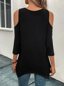 SHEIN 挖肩不對稱下擺T恤 - 黑色 - 查看 4