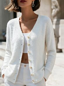 SHEIN 素色前紐扣開襟衫 - 白色 - 查看 3