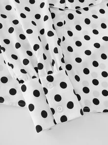 SHEIN Women's Elegant Black & White Polka Dot Long Sleeve Ruffle V-Neck Blouse, Commuter Shirt - White - View 7