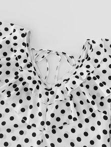 SHEIN Women's Elegant Black & White Polka Dot Long Sleeve Ruffle V-Neck Blouse, Commuter Shirt - White - View 5