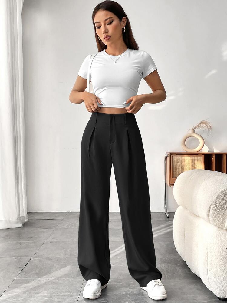 SHEIN Women's Solid Color Long Pants For Spring And Summer Fall Cloth For Women - Black - View 4