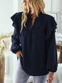 Trelyra Swiss Dot Ruffle Trim Lantern Sleeve Blouse,Long Sleeve Tops Fall Cloth For Women - Navy Blue - View 7