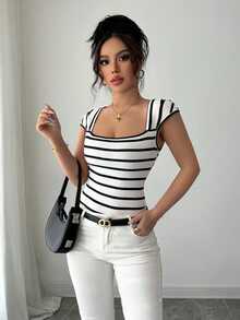 SHEIN French Minimalist Fitted Striped Knit Tee, Casual Short Sleeve Top, Great For Parties, Spring/Summer - Black and White - View 8
