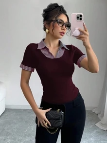 Elenzga Women's Sports Style Ribbed Patchwork Plaid Trim Peter Pan Collar T-Shirt - Burgundy - View 3