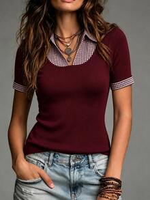 Elenzga Women's Sports Style Ribbed Patchwork Plaid Trim Peter Pan Collar T-Shirt - Burgundy - View 6