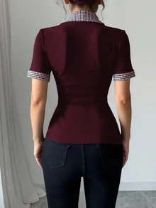Elenzga Women's Sports Style Ribbed Patchwork Plaid Trim Peter Pan Collar T-Shirt - Burgundy - View 2