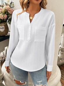 Franclia Women's Solid Color Asymmetrical Hem Shirt With Notched Collar And Double Pockets,Long Sleeve Tops Fall Cloth For Women - White - View 6