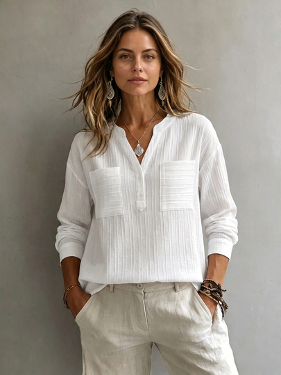 Franclia Women's Solid Color Asymmetrical Hem Shirt With Notched Collar And Double Pockets,Long Sleeve Tops Fall Cloth For Women
