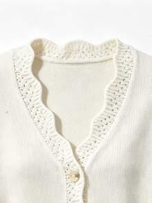 SHEIN Women's Festival Outfits Autumn Hollow Lace Patchwork V-Neck Cardigan - White - View 5