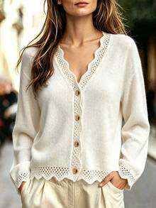 SHEIN Women's Festival Outfits Autumn Hollow Lace Patchwork V-Neck Cardigan - White - View 2