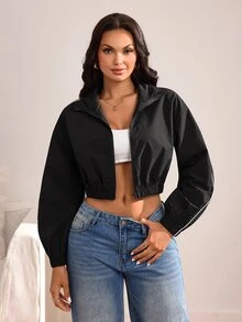 Slayform Women's Autumn Sports Jacket With Elastic Cuffs And White Contrast Trim, Suitable For Outdoor Sports And Daily Wear - Black - View 4