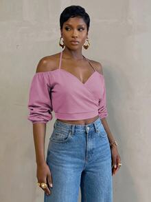 BamGlimmer Women's Solid Color Long Sleeve Halter Neck Overlap Design Casual Short Top - Coral Pink - View 8