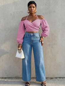 BamGlimmer Women's Solid Color Long Sleeve Halter Neck Overlap Design Casual Short Top - Coral Pink - View 6
