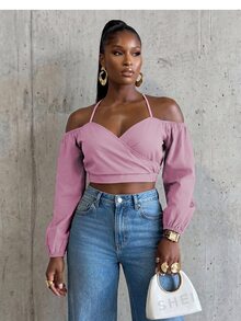 BamGlimmer Women's Solid Color Long Sleeve Halter Neck Overlap Design Casual Short Top - Coral Pink - View 5