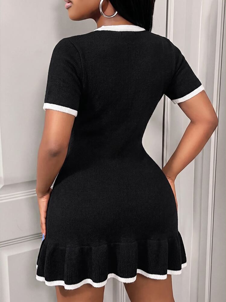 BamGleam Women's Colorblock Trim Front Button Tie Knit Dress - Black - View 2