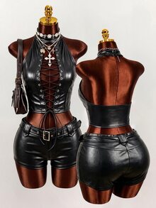 Mistrie Women's PU Leather Black Sexy Goth Gothic 2 Pieces Set Halloween Night Club Night Out Clubbing Concert Fall - Black - View 3