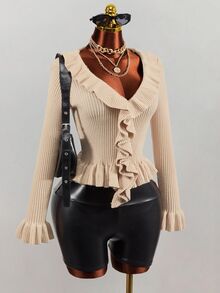 Mistrie Women's Solid Color Ruffle Collar Flare Sleeve Fashion Sweater - Khaki - View 5