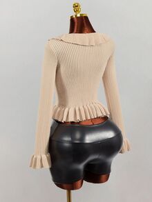 Mistrie Women's Solid Color Ruffle Collar Flare Sleeve Fashion Sweater - Khaki - View 6