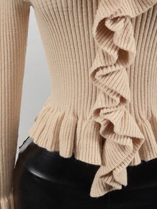 Mistrie Women's Solid Color Ruffle Collar Flare Sleeve Fashion Sweater - Khaki - View 8
