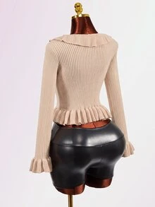 Mistrie Women's Solid Color Ruffle Collar Flare Sleeve Fashion Sweater - Khaki - View 3