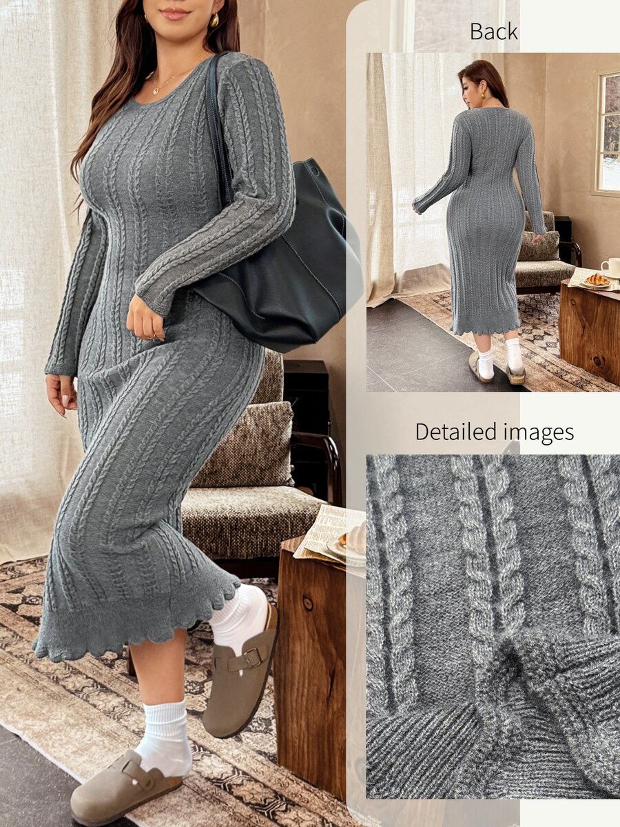 Vionelle Plus Size Women Fashion Elegant New Twisted Rope Slim Fit Knit Dress Casual Versatile Autumn/Winter Dress - Grey - View 1