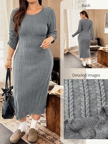 Vionelle Plus Size Women Fashion Elegant New Twisted Rope Slim Fit Knit Dress Casual Versatile Autumn/Winter Dress - Grey - View 8
