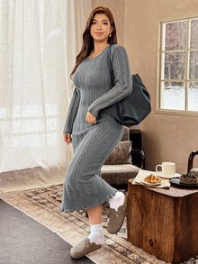Vionelle Plus Size Women Fashion Elegant New Twisted Rope Slim Fit Knit Dress Casual Versatile Autumn/Winter Dress - Grey - View 6
