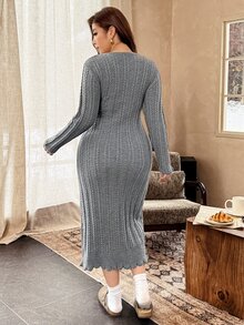 Vionelle Plus Size Women Fashion Elegant New Twisted Rope Slim Fit Knit Dress Casual Versatile Autumn/Winter Dress - Grey - View 2