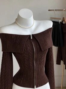 Elamini Women's Autumn/Winter Off-Shoulder Double Zipper Cable Knit Ribbed Patchwork Slim Fit Elegant Versatile Knit Sweater - Brown - View 2