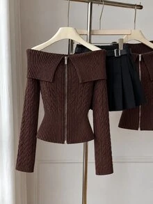 Elamini Women's Autumn/Winter Off-Shoulder Double Zipper Cable Knit Ribbed Patchwork Slim Fit Elegant Versatile Knit Sweater - Brown - View 4