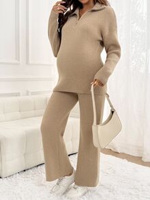 SHEIN Maternity Solid Color Dropped Shoulder Long Sleeve Zipper Half-Placket Sweater And Adjustable Waist Knit Pants Casual Set - Khaki - View 3