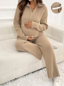 SHEIN Maternity Solid Color Dropped Shoulder Long Sleeve Zipper Half-Placket Sweater And Adjustable Waist Knit Pants Casual Set - Khaki - View 8