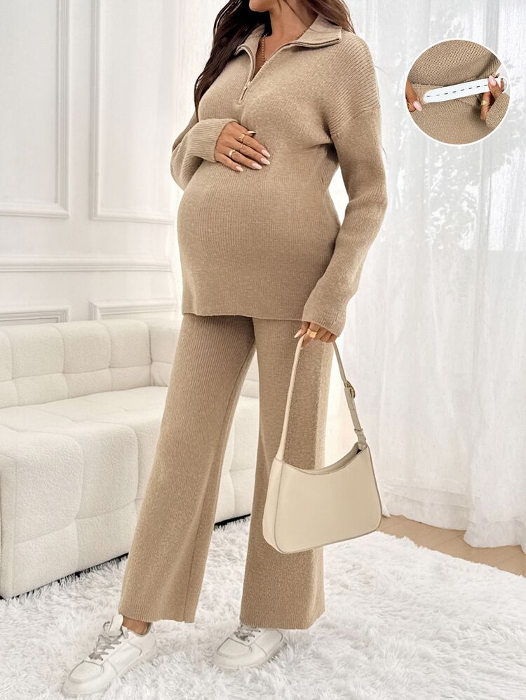 SHEIN Maternity Solid Color Dropped Shoulder Long Sleeve Zipper Half-Placket Sweater And Adjustable Waist Knit Pants Casual Set - Khaki - View 4