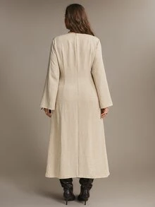 Freevana Women Elegant Beige Long Flare Sleeve Ruched Draped Maxi Dress With Gold Hardware Party Gown - Apricot - View 2
