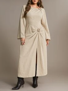 Freevana Women Elegant Beige Long Flare Sleeve Ruched Draped Maxi Dress With Gold Hardware Party Gown - Apricot - View 4