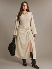 Freevana Women Elegant Beige Long Flare Sleeve Ruched Draped Maxi Dress With Gold Hardware Party Gown - Apricot - View 3