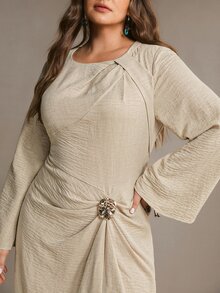 Freevana Women Elegant Beige Long Flare Sleeve Ruched Draped Maxi Dress With Gold Hardware Party Gown - Apricot - View 1